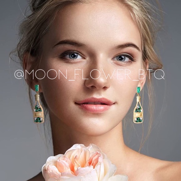 Champagne Bottle Earrings with Emerald Green Crystals – Statement Dangle Jewelry - Picture 3 of 4